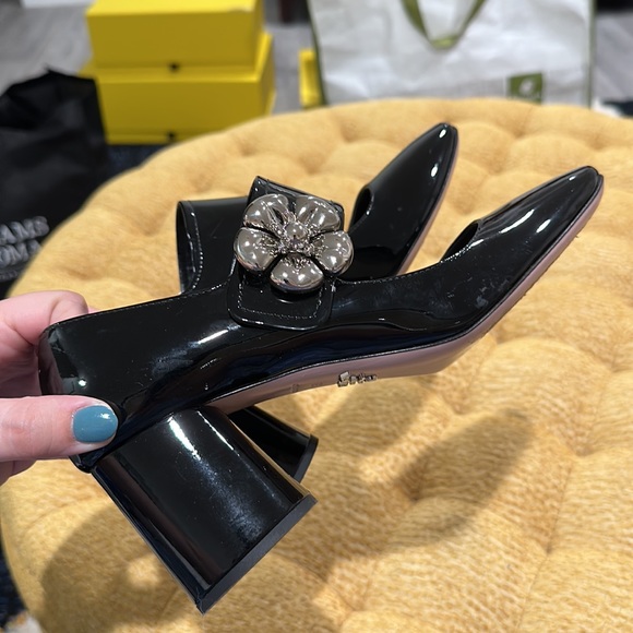 Prada Glossy Leather Block Heels with Silver Flower - Picture 7 of 11